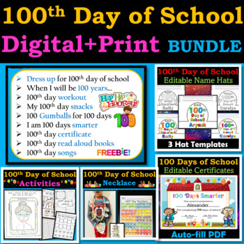 100th Day of School Bundle - Activities, Certificate, Hats, Necklace, Selfie