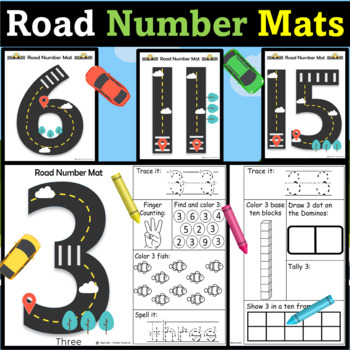 Road Number Mats 0 - 20, Road Number Tracing activities worksheets, Car theme