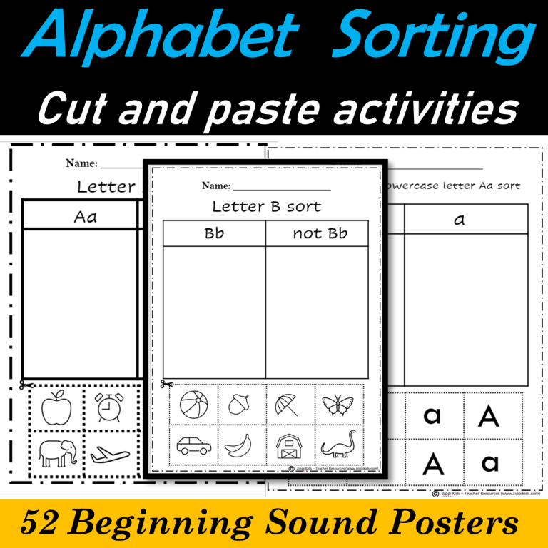Alphabet Picture Sorting by Beginning Sounds - Cut and Paste | 52 Printables