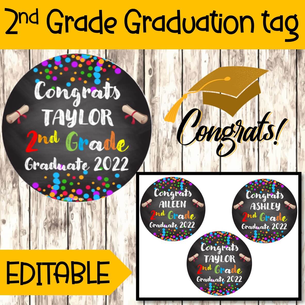 EDITABLE 2nd Grade Graduation Gift Tags, Congrats 2nd Grade Graduate tags