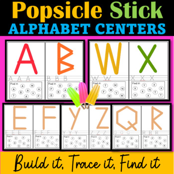 Popsicle Sticks Letters Activities, Uppercase Alphabet Centers -Build it, Trace it, Find it