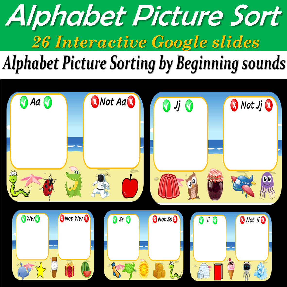 Virtual Letter / Alphabet Beginning Sound Game (Picture Sort) - 26 Google Slide
