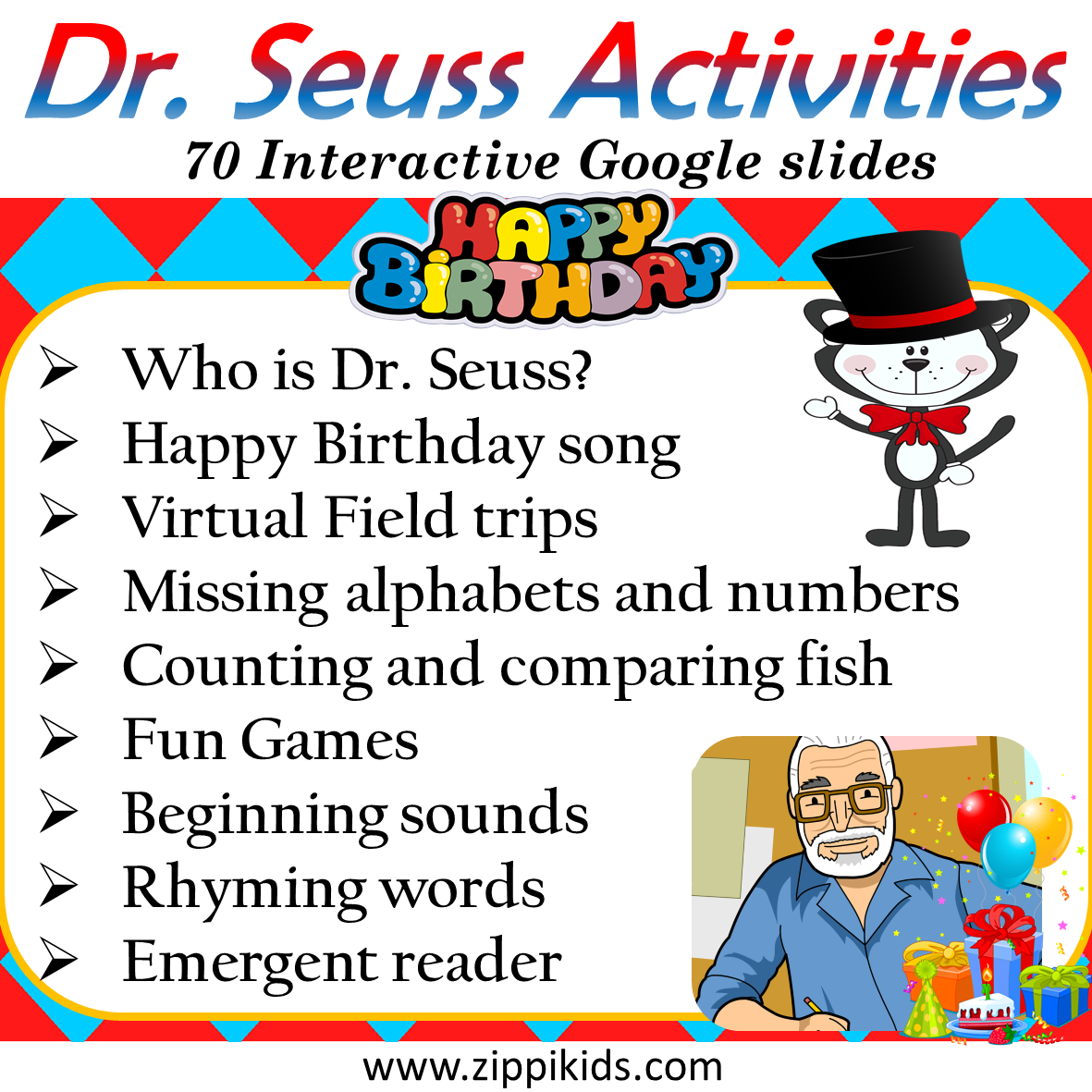 Dr. Seuss Virtual Field trip and Activities, Digital Dr. Seuss Day - 70 Google Slides