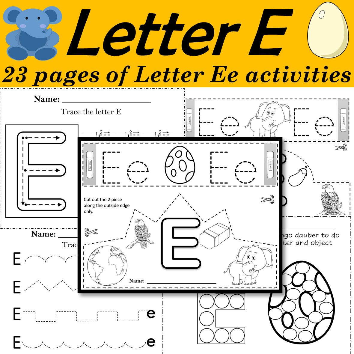 Letter of the week: LETTER E-NO PREP WORKSHEETS- LETTER E Alphabet Lore  theme