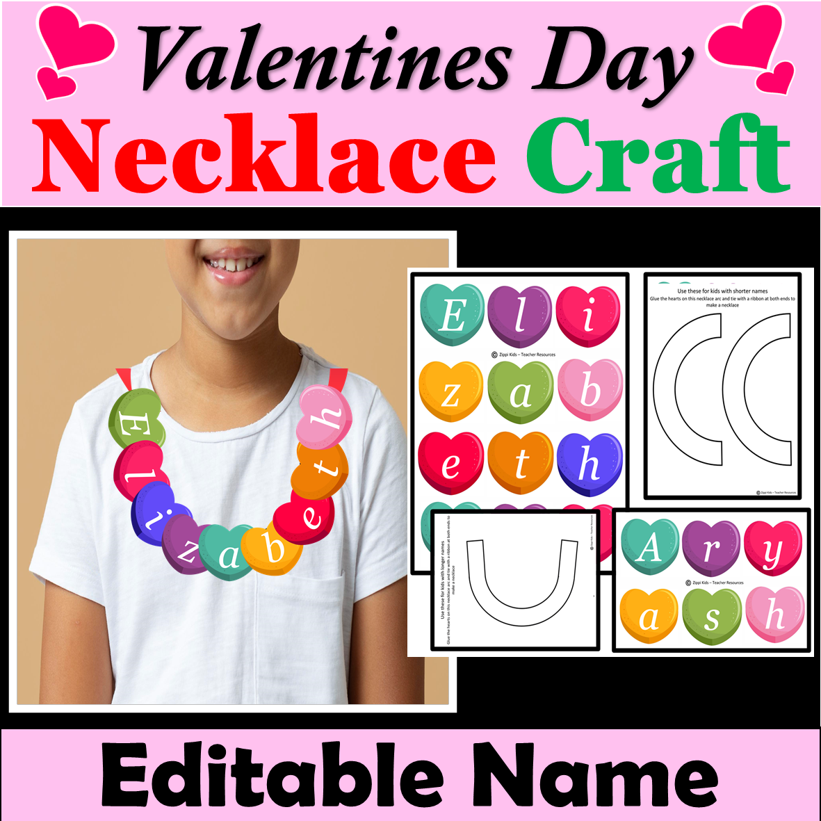 Valentines Day Name Craft, Heart Necklace Craft, Valentines Day Activities