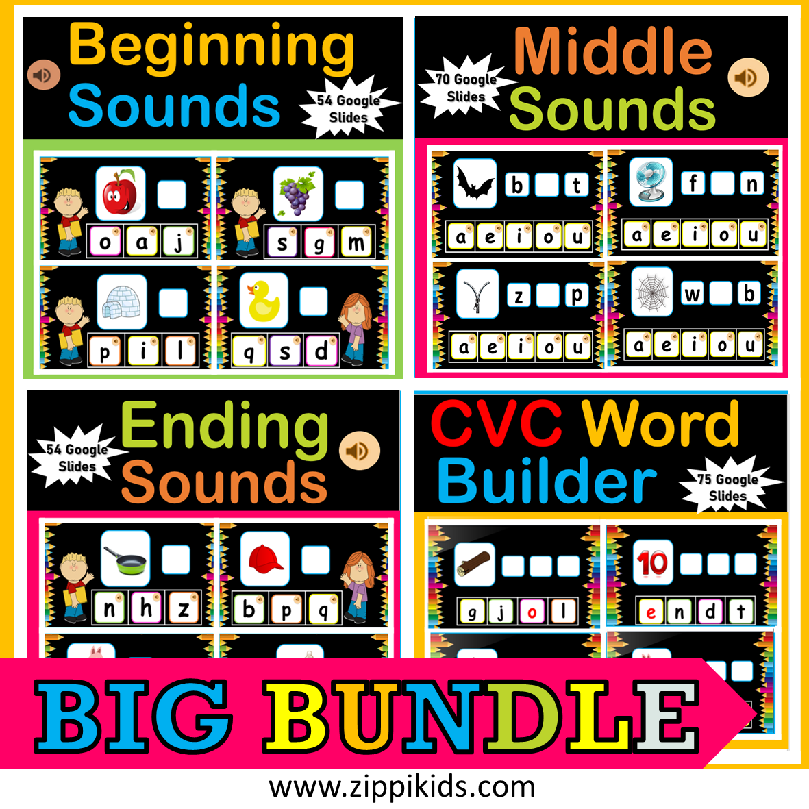 Beginning Sounds, Middle, Ending Sounds & CVC Words BIG BUNDLE - 250 Google Slides