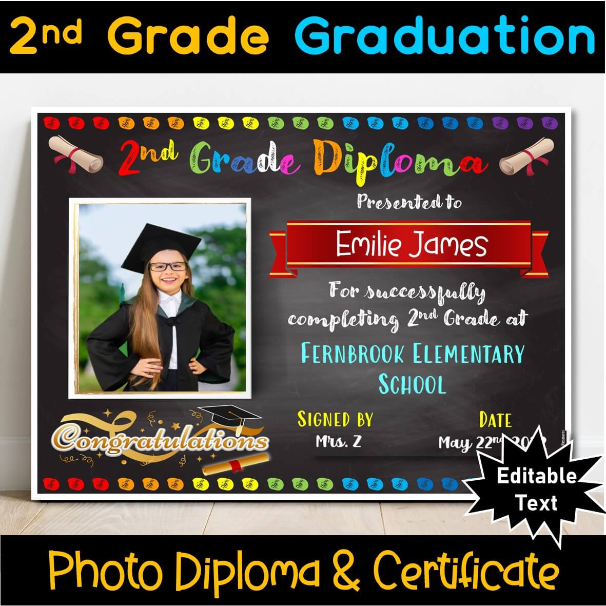 EDITABLE 2nd Grade Certificate/Diploma, Chalkboard - Graduation, Promotion