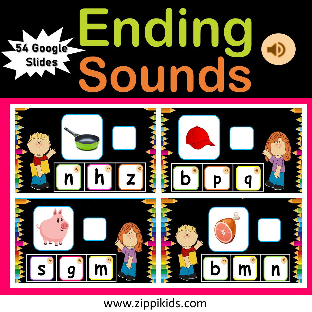 Ending Sounds, Virtual, Letter Recognition, CVC Words, Phonics – 54 Google Slides