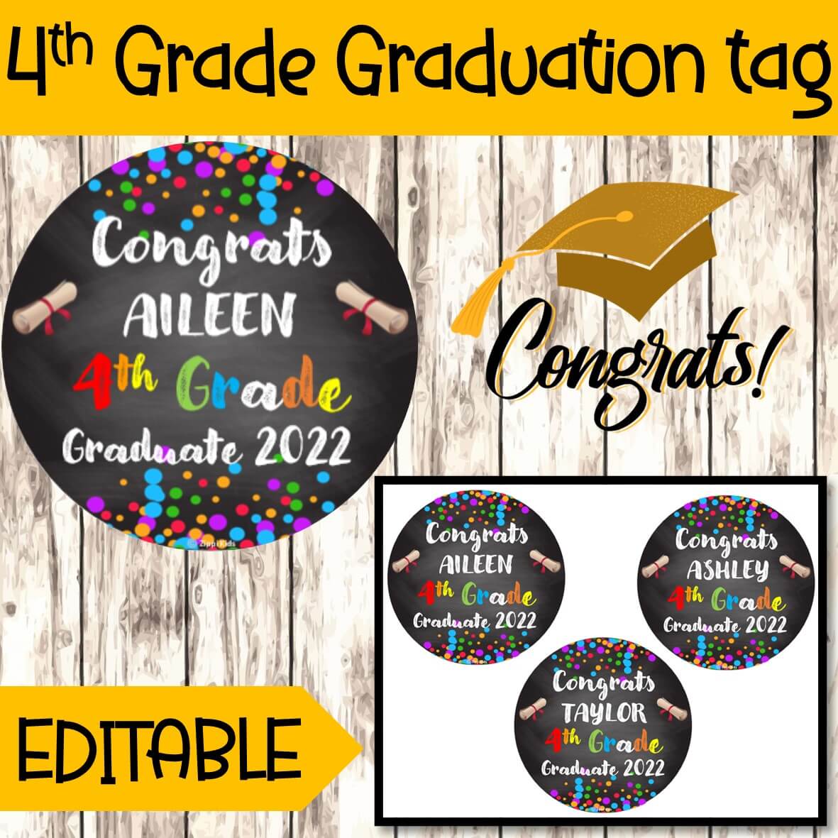EDITABLE 4th Grade Graduation Gift Tags, Congrats 4th Grade Graduate tags