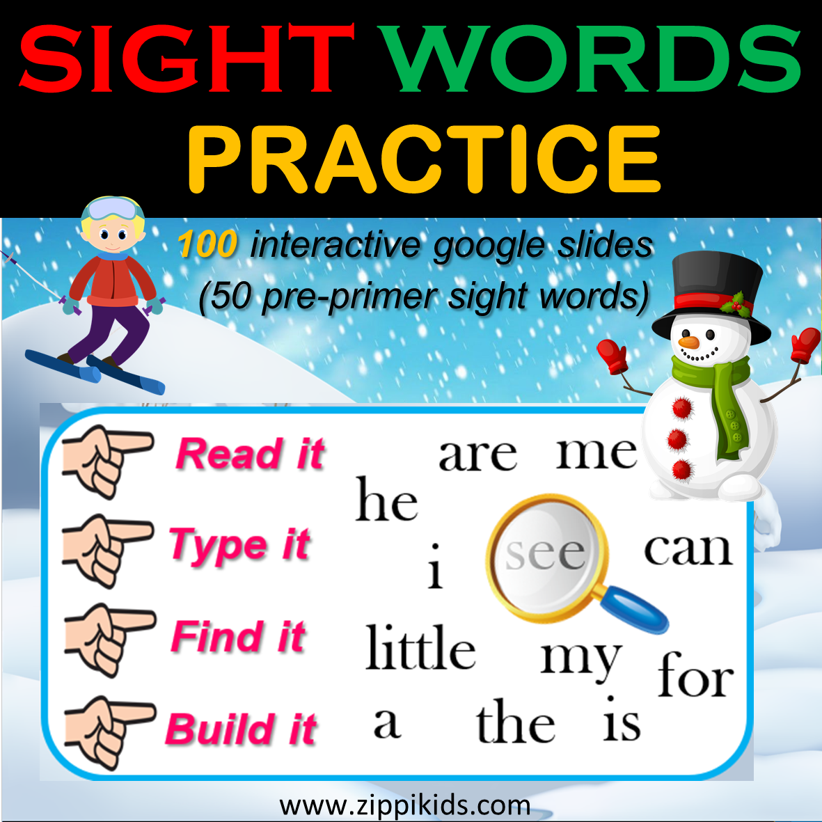 Winter Sight Words Practice Activities - 100 Google Slides/ PowerPoint