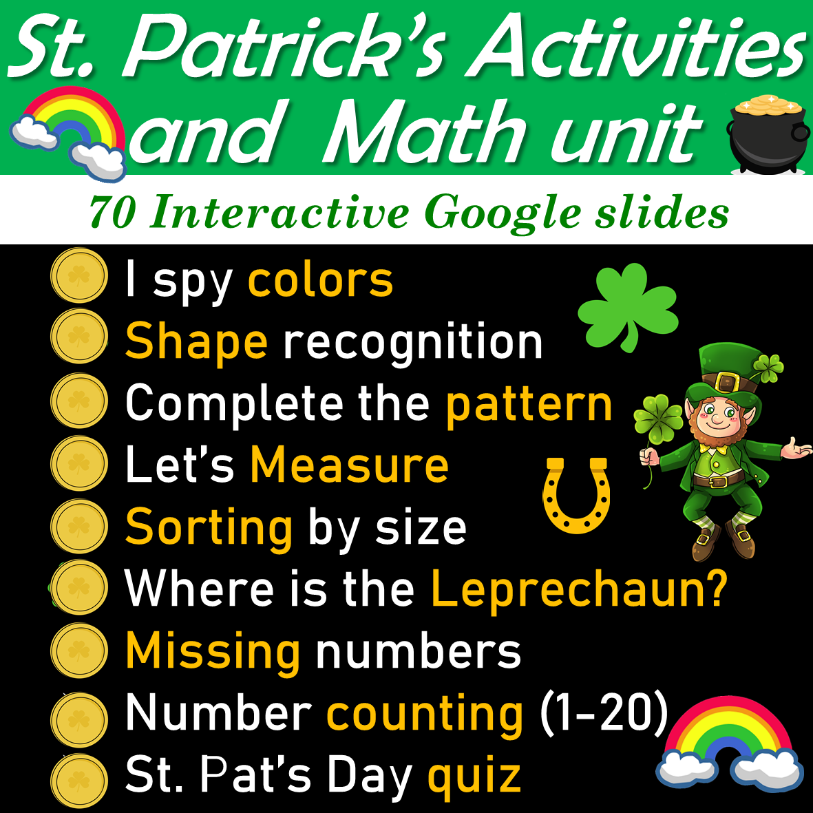 St Patrick's Day Activities and Math unit | Distance learning| Virtual - 70 Google Slides