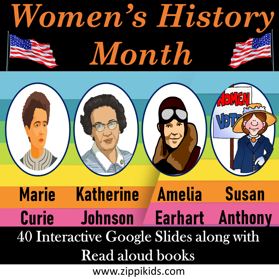 Women History Month - Marie Curie, Amelia Earhart, Katherine Johnson, Susan Anthony - 40 Google Slides