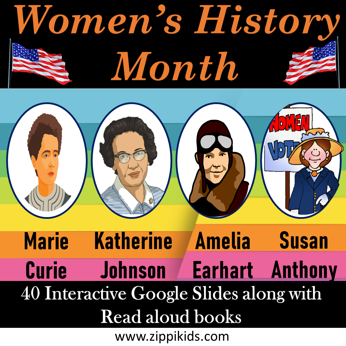 Women History Month Marie Curie, Amelia Earhart, Katherine Johnson