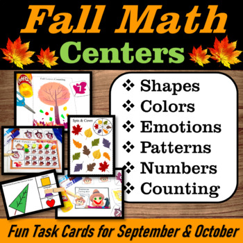 Fall Math Centers (Task Cards) Numbers, Shapes, Colors, Emotions, Playdough Mats | October