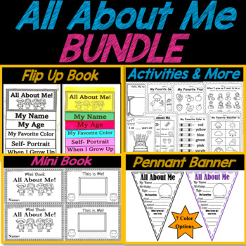 All About Me Activities and Craft BUNDLE | Flip Up Book | Pennant | Mini Book