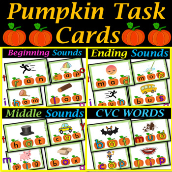 Pumpkin Beginning, Middle, Ending Sounds and CVC Words Task Card Phonics Bundle