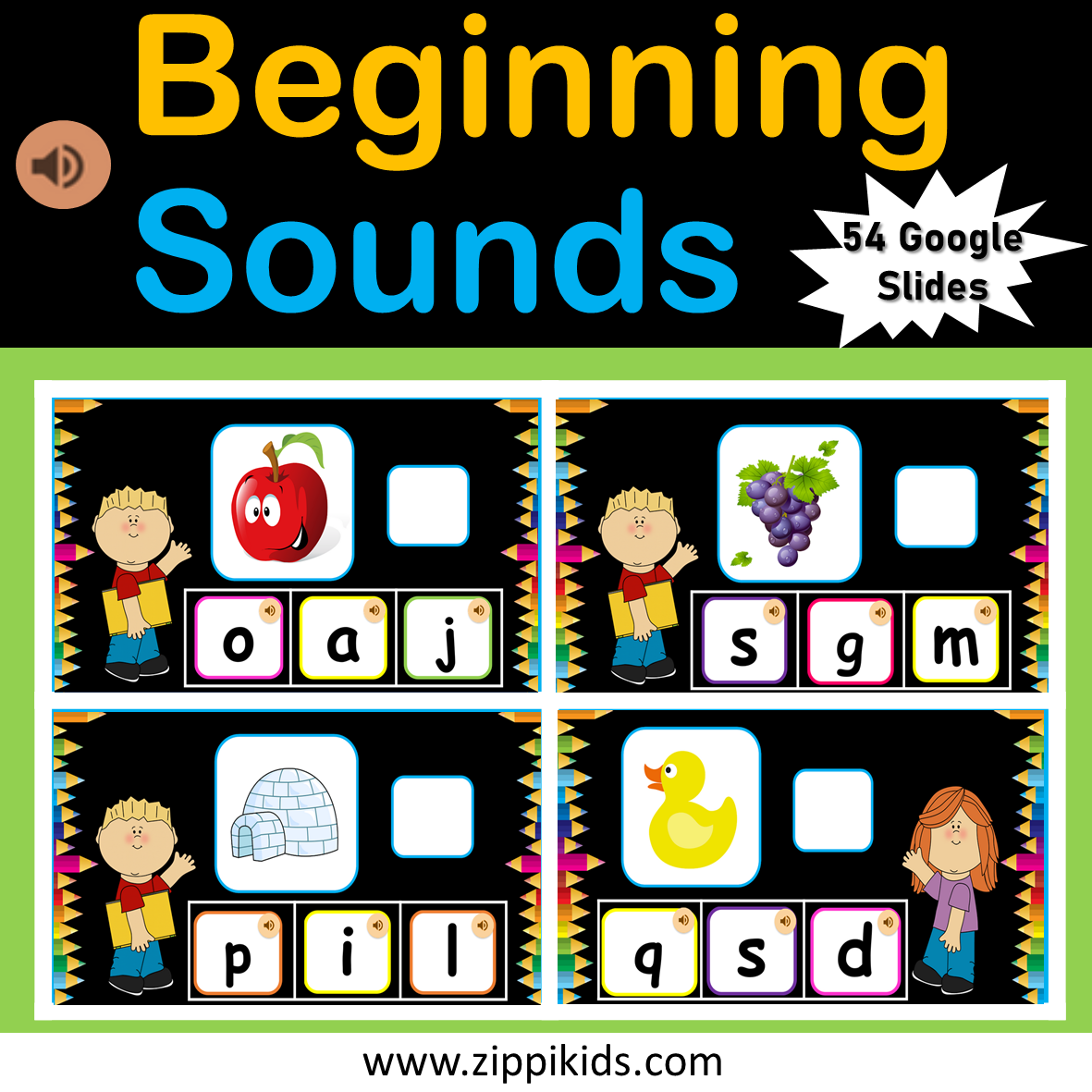 Beginning Sounds with Audio + Drag and Drop Letters - 52 Google Slides