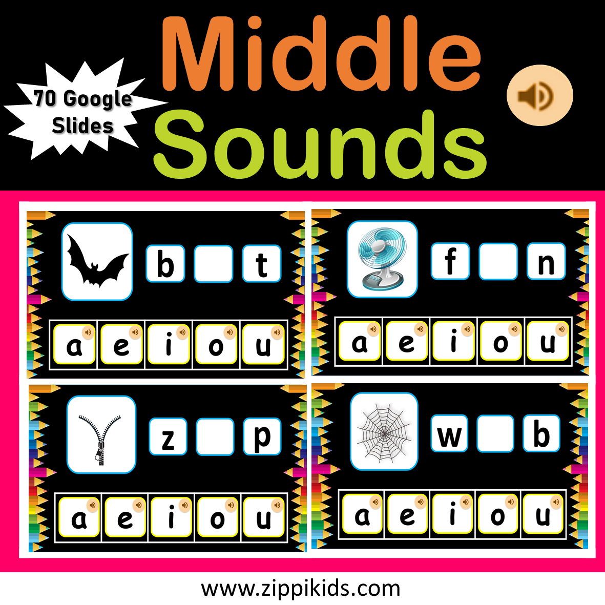Middle Sounds with Audio, CVC Words - 70 Google Slides