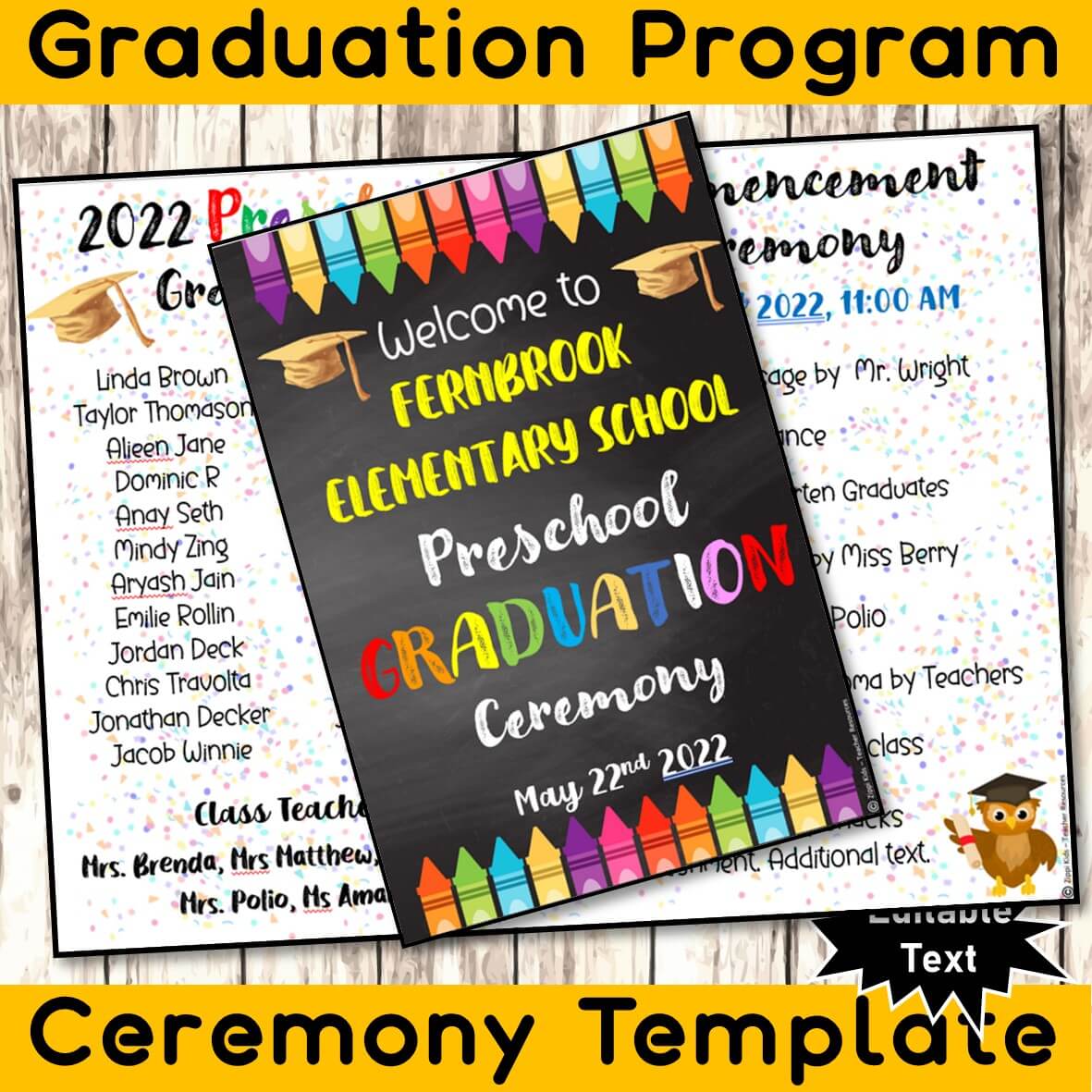 EDITABLE Preschool Graduation Ceremony Program Template, for All Grades