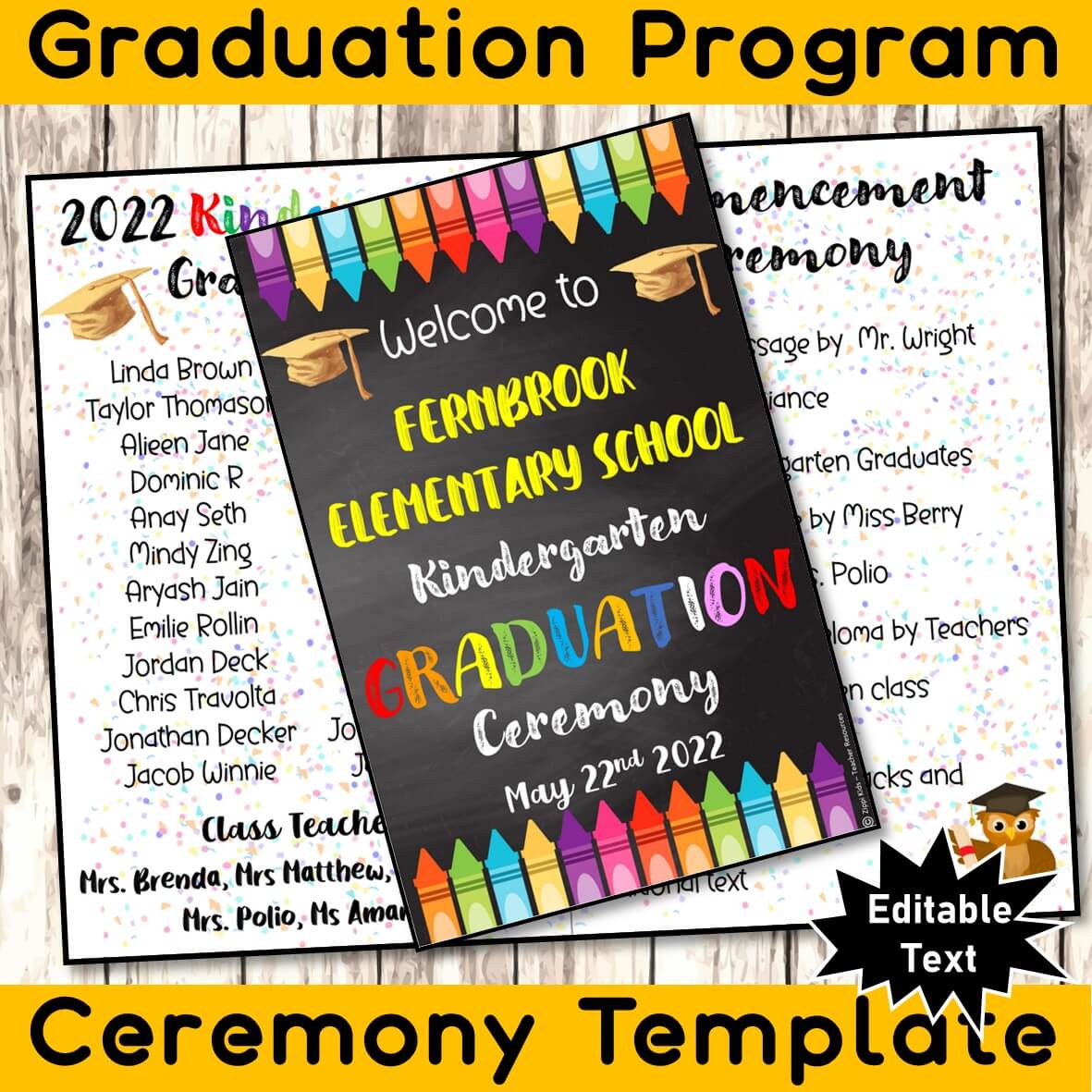 EDITABLE Kindergarten Graduation Ceremony Program Template, for All Grades