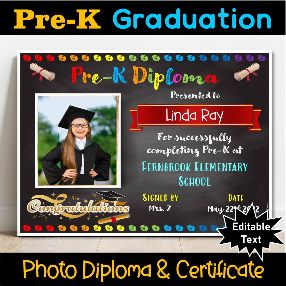 EDITABLE Pre-K Certificate/Diploma, Chalkboard - Graduation, Promotion