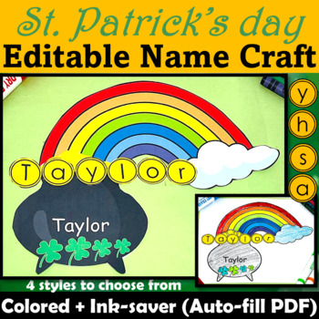 St Patrick's Day Craft Activities, Editable Name Craft Rainbow, Pot of Gold - PDF