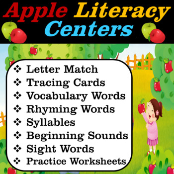 Apple Literacy Centers (Task Cards) for September for Preschool & Kinder, Back to School
