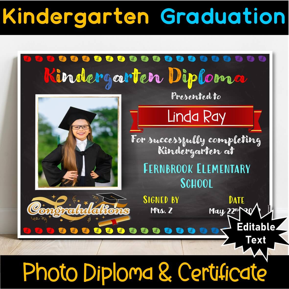 EDITABLE Kindergarten Certificate/Diploma, Chalkboard - Graduation, Promotion