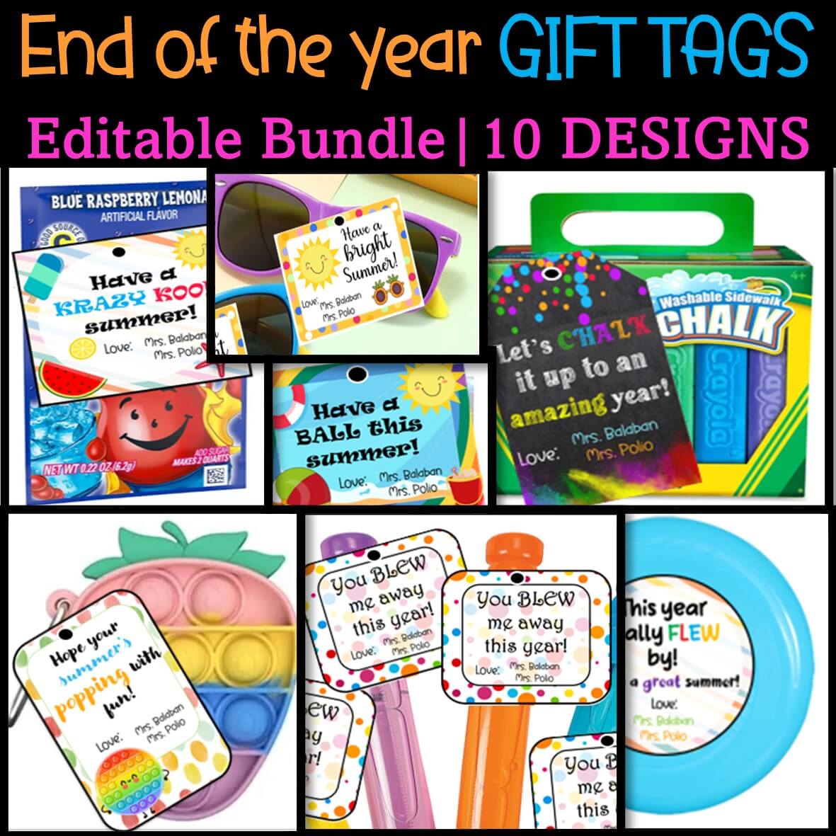 End of the Year Gift Tags BUNDLE, 10 EDITABLE Designs| Summer Gift tags