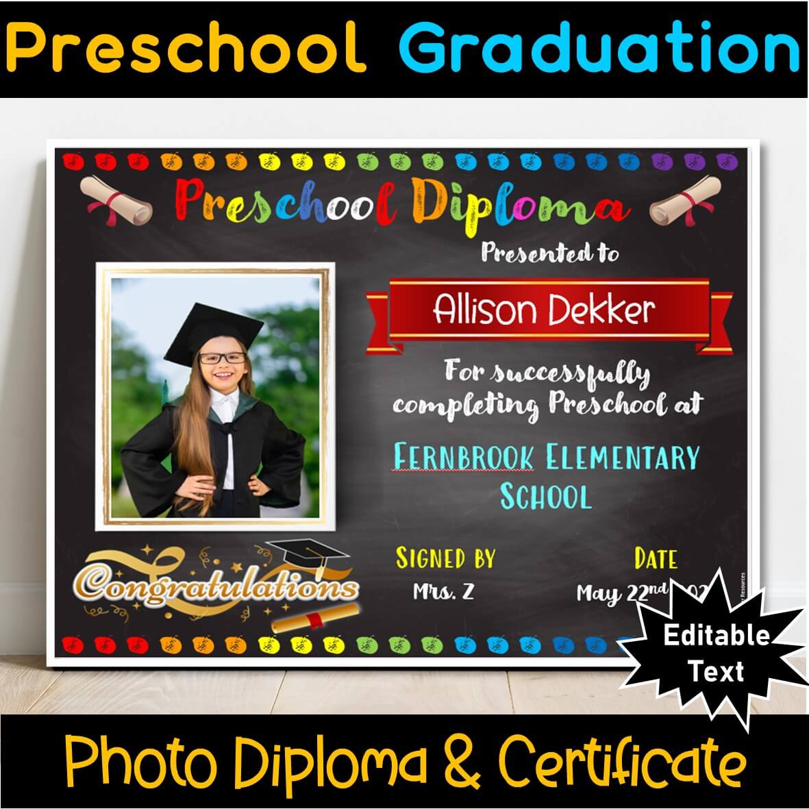 EDITABLE Preschool Certificate/Diploma, Chalkboard - Graduation, Promotion