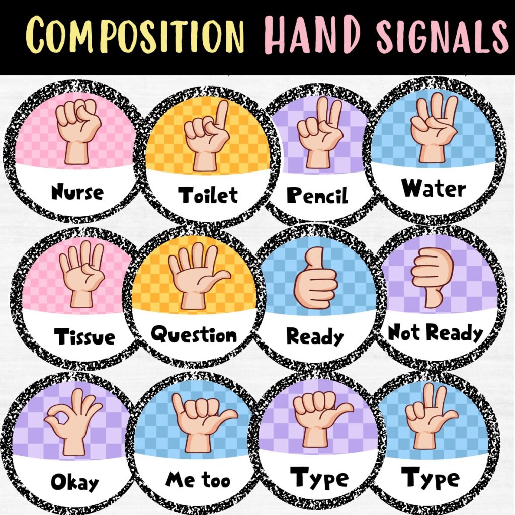 Composition Notebook Hand Signals Posters Editable Classroom Decor